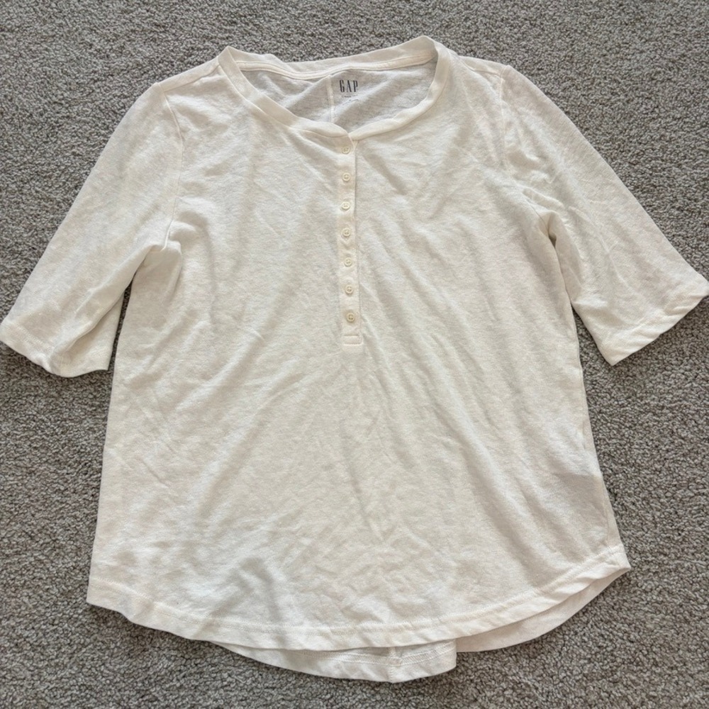 GAP Linen Blend Henley Tee Womens S White Lightweight Beach Minimalist